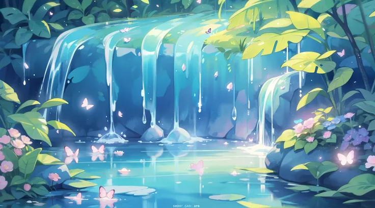 watercolor illustration, vibrant pastel colors, dreamy, colorful, whimsical, magical, masterpiece, best quality, sharp focus, intricately detailed environment, fine detail, 8k resolution, waterfall lagoon, (magical lagoon), (waterfall, lake), glowing butte...