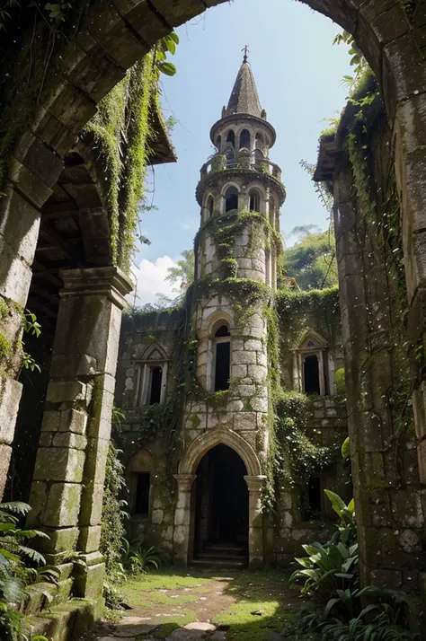 Overgrown Ruins Reclaimed by Magic in the Ancient Jungle:

    Location: Within the heart of an ancient, overgrown jungle.
    Size: A once-grand tower now partially reclaimed by the jungles flora.
    Colors: Moss-covered stone walls and a roof adorned wi...