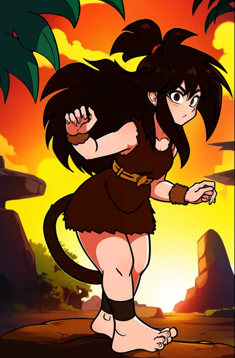 (masterpiece, best quality, detailed face, detailed eyes), black eyes, 1girl, Saiyaness, 1girl, Saiyan monkey tail, black hair, long wild spiky hair, Shoulder less Gi, brown sash belt, very dark brown short tights, very dark brown wrist bands, small tufts ...