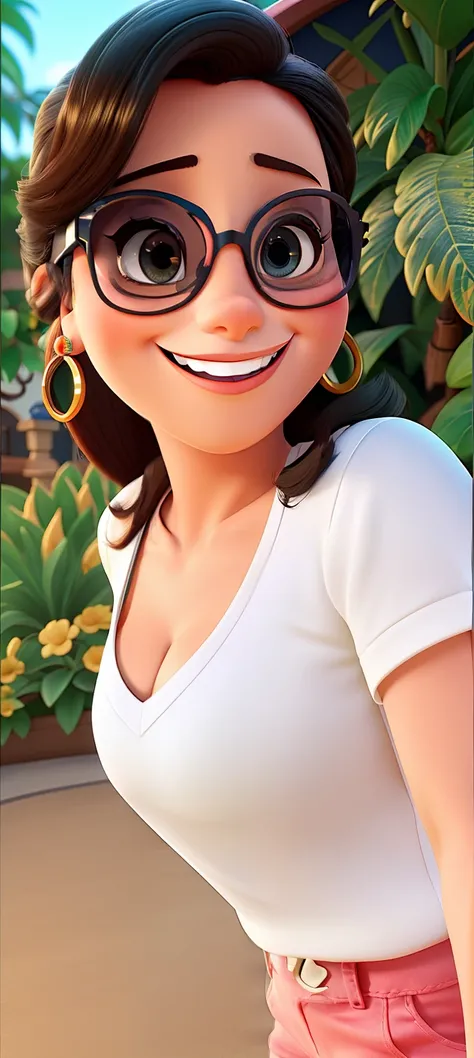 estilo Disney pixar,.mulher branca, cabelos pretos, of sunglasses, sorridente e feliz