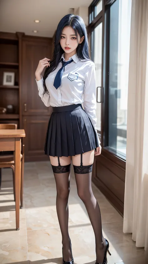 （best qualtiy，4k，tmasterpiece：1.2），pretty girls，1girll，grew up sexy........：1.1，dark blue hair：1.1，woman in school uniform，drenc...