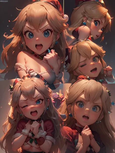 (master piece: 1.1), (PrincessPeach), chibi, multiples, 9 emojis, 9 poses and expressions, (multiple expressions), high detailed face, (detailed blue eyes), bright blue eyes, blonde hair, long hair, (happy, smiling, angry, embarassed, surprise), (christmas...