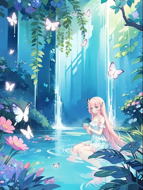 watercolor illustration, vibrant pastel colors, dreamy, colorful, whimsical, magical, masterpiece, best quality, sharp focus, intricately detailed environment, fine detail, 8k resolution, waterfall lagoon, (magical lagoon), (waterfall, lake), (glowing butt...