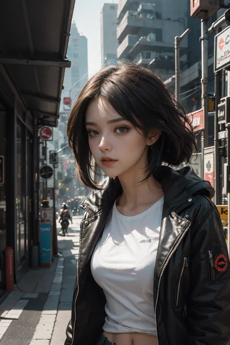 Beautiful photorealistic photograph of a beautiful girl in a tech jacket (white t-shirt) and a variety of cyberpunk clothing and paraphernalia, colourful cyberpunk hairstyle, dynamic pose, cyberpunk street background, perfect proportions, abstract beauty, ...