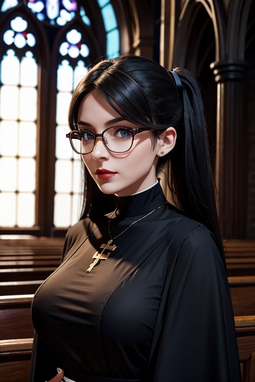 Single European woman, 30 years old, There is an adult woman Praying in church, Confessional, Dressed like a Priest, Nun Dress, Religious, glasses, Dark hair, red lips, Eye shadow, slutty makeup, Ponytails , beautiful chest, big breasts,Second Life Avatar,...