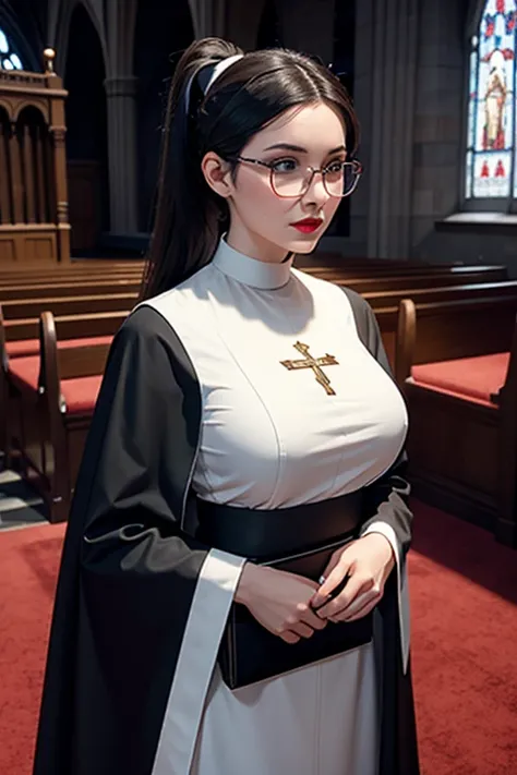 Single European woman, 30 years old, There is an adult woman Praying in church, Confessional, Dressed like a Priest, Nun Dress, Religious, glasses, Dark hair, red lips, Eye shadow, slutty makeup, Ponytails , beautiful chest, big breasts,Second Life Avatar,...