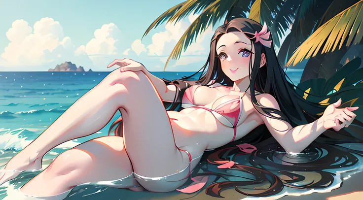 (best quality,4k,8k,highres,masterpiece:1.2),ultra-detailed,(realistic,photorealistic,photo-realistic:1.37),beautiful Nezuko Kamado with stunning eyes in a vibrant Pink bikini,Nezuko Kamado in a lively beach scene with crystal clear water and soft sandy be...