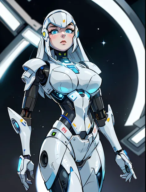 a close up of a woman in a futuristic suit with a sci - futuristic look, beutiful white girl cyborg, cute cyborg girl, perfect android girl, beautiful female android, in white futuristic armor, beautiful android woman, beautiful robot character design, bea...