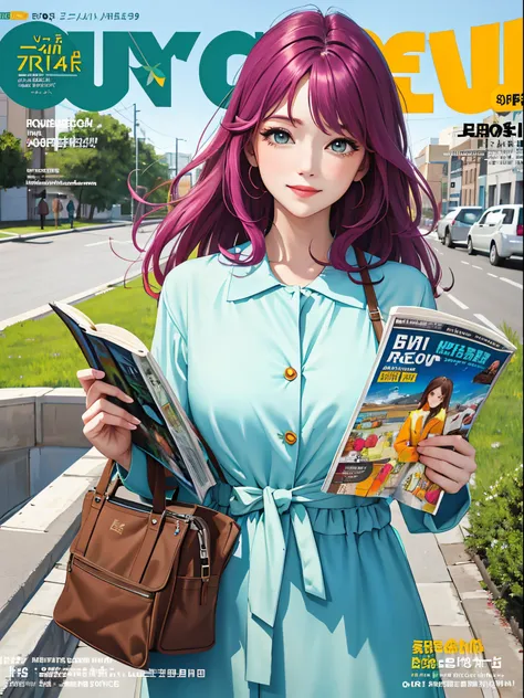 masterpiece, best quality, spring outfit, colorful hair, outdoor, magazine cover ,upper body,