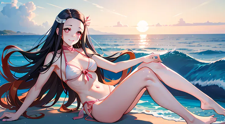 (best quality,4k,8k,highres,masterpiece:1.2),ultra-detailed,(realistic,photorealistic,photo-realistic:1.37),beautiful Nezuko Kamado with stunning eyes in a vibrant Pink bikini,Nezuko Kamado in a lively beach scene with crystal clear water and soft sandy be...