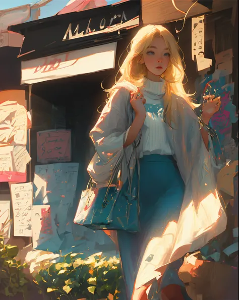 A scene of a beautiful blonde girl standing in a downtown area and feeling the passing of time.