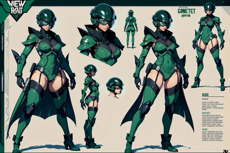 Masterpiece, High quality, ((character concept art)), ((character design sheet, same character))

a futuristic-looking female military commander, wearing a ((kevlar helmet)) and is dressed in ((emerald suit)), holding weapon, holding gun, wearing epTactica...