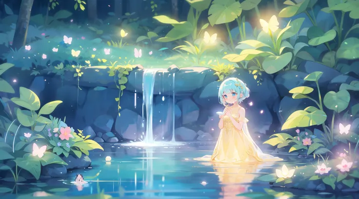 beautiful glowing fairy girl in the water, masterpiece, best quality, fairy dress, sparkling, glowing aura, sharp focus, intricate details, beautiful face, golden ratio, beautiful, perfect