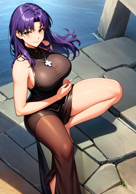 Katsuragi Misato, Brown eyes, Cross Necklace、1 female、fullmoon、Black see-through dress、Slit Dresses、Sexy pose with one knee standing、A smile、Textured skin、extremely detailed eye and face、beatiful detailed eyes、二重まぶた、huge filesize、(Increase the beauty of sk...