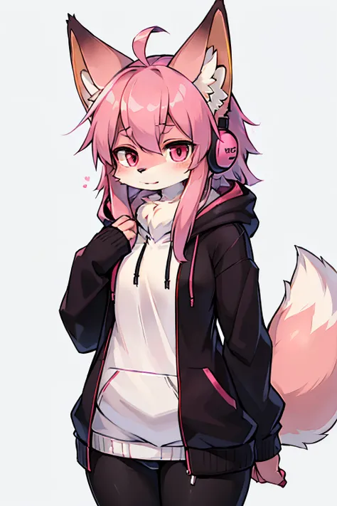 Absurd, furry, Female furry, full body, kemono, solo, fox tail(Dark pink tail), Foxs ears(Dark pink ears), Skin hair(Dark Pink), dark pink fur, long-haired(Hair is straight and fluffy), (pink hair), Hoodie, headphones around the neck