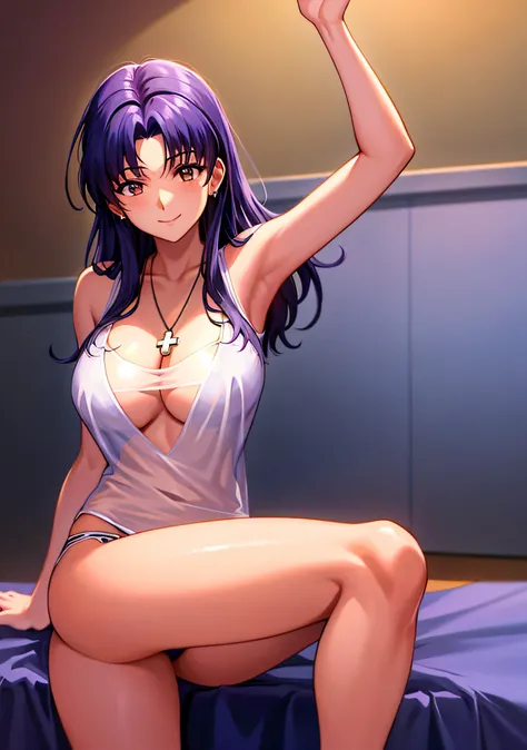 Katsuragi Misato, Brown eyes, Cross Necklace、1 female、See-through lingerie、a bed、Sexy pose with one knee standing、A smile、Textured skin、extremely detailed eye and face、beatiful detailed eyes、二重まぶた、huge filesize、(Increase the beauty of skin texture:1.1)、hig...