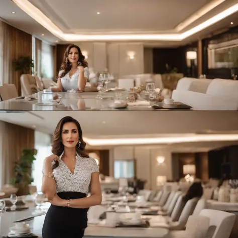 high-definition photograph，macro shot，close up photograph，电影灯光，horizontal angle panoramic angle，Real selfies，46-year-old female model standing elegantly in front of the conference table：1.2，Professional female image，Wearing a sexy white T-shirt with a colo...