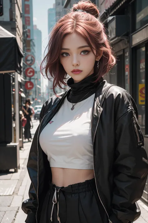 Beautiful photorealistic photograph of a beautiful girl wearing a technical jacket (black womens waist-length t-shirt) and a variety of cyberpunk clothing and paraphernalia, pink cyberpunk hairstyle, dynamic pose, cyberpunk street background, perfect propo...