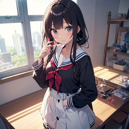 Anime girl in a sailor suit posing in front of the window, Kantai Collection Style, Cute anime girl, anime moe art style, Seductive Anime Girl, charming anime girls, Anime visuals of cute girls, small curvy loli, pretty anime girl, (Anime Girl), Anime Girl...