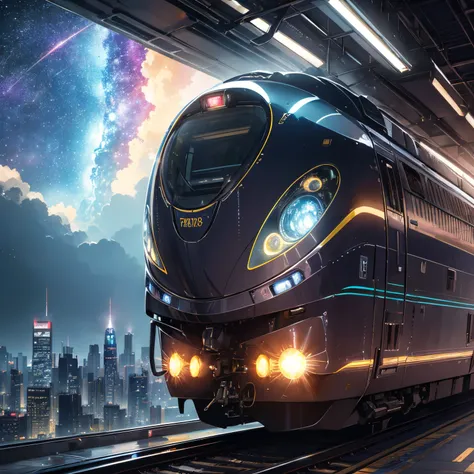 finest image, (8k, RAW photo, realistic), train, Galaxy Express, futuristic vehicle, streamlined, iridescent metal plated, detailed and delicate depiction and flashy and dynamic painting method, background galaxy, (magnificent view:1.5), professional flame