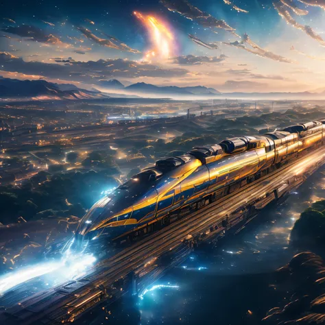 finest image, (8k, RAW photo, realistic), train, Galaxy Express, futuristic vehicle, streamlined, iridescent metal plated, detailed and delicate depiction and flashy and dynamic painting method, background galaxy, (magnificent view:1.5), professional flame