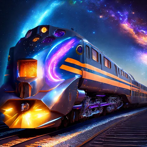 finest image, (8k, RAW photo, realistic), train, Galaxy Express, futuristic vehicle, streamlined, iridescent metal plated, detailed and delicate depiction and flashy and dynamic painting method, background galaxy, (magnificent view:1.5), professional flame