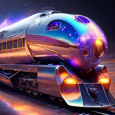 finest image, (8k, RAW photo, realistic), train, Galaxy Express, futuristic vehicle, streamlined, iridescent metal plated, detailed and delicate depiction and flashy and dynamic painting method, background galaxy, (magnificent view:1.5), professional flame