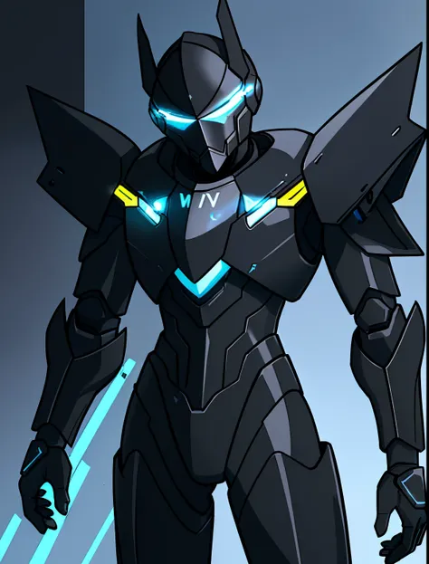 a close up of a futuristic looking man with glowing armor, cyber suit, cyber fight armor, sleek glowing armor, cyber armor, streamlined matte black armor, stealth suit, sharp sleek edged black armor, cyber armour, clothed in stealth armor, futuristic armor...