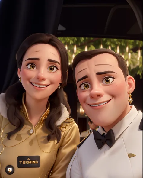 A young couple, both smiling, shes a beautiful civilian woman in a gold stunning party dress with shining diamond earings, hes a military officer in a white uniform, both black haired, they love each other.