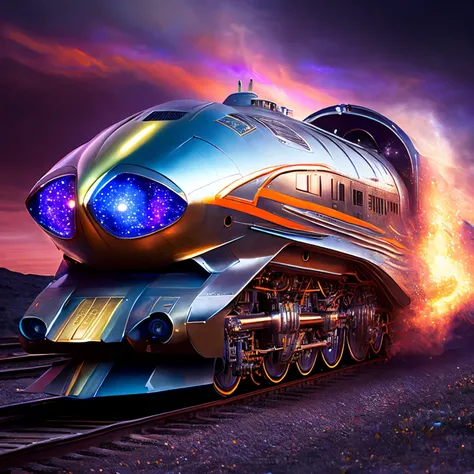 finest image, (8k, RAW photo, realistic), train, Galaxy Express, futuristic vehicle, streamlined, iridescent metal plated, detailed and delicate depiction and flashy and dynamic painting method, background galaxy, (magnificent view:1.5), professional wide ...