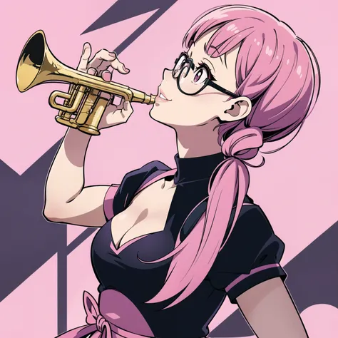 1 girl playing the trumpet, young girl with glasses, she smiles, tall, small eyes, teenage, "side bunds", pink pigtails hair, big lips, waring a dark purple monochromatic dress. Skirt with petticoat (short sleeves) and ((cleavage)) pink ribbon.