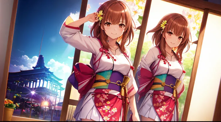 Misaka mikoto, 1girl, teen girl, kawaii, solo, chestnut hair, hairpin,brown eyes, standing, looking at viewer,smile,kimono,praying beads on neck, long skirt,colorful flowers field athens temple in background,anime style,deep depth of field,wide angle view,...