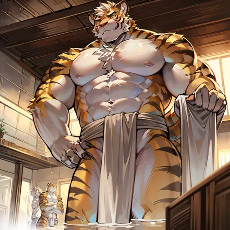 A muscular tiger beast with a strong body was bathing alone in a public bathhouse, naked except for a towel around his waist.