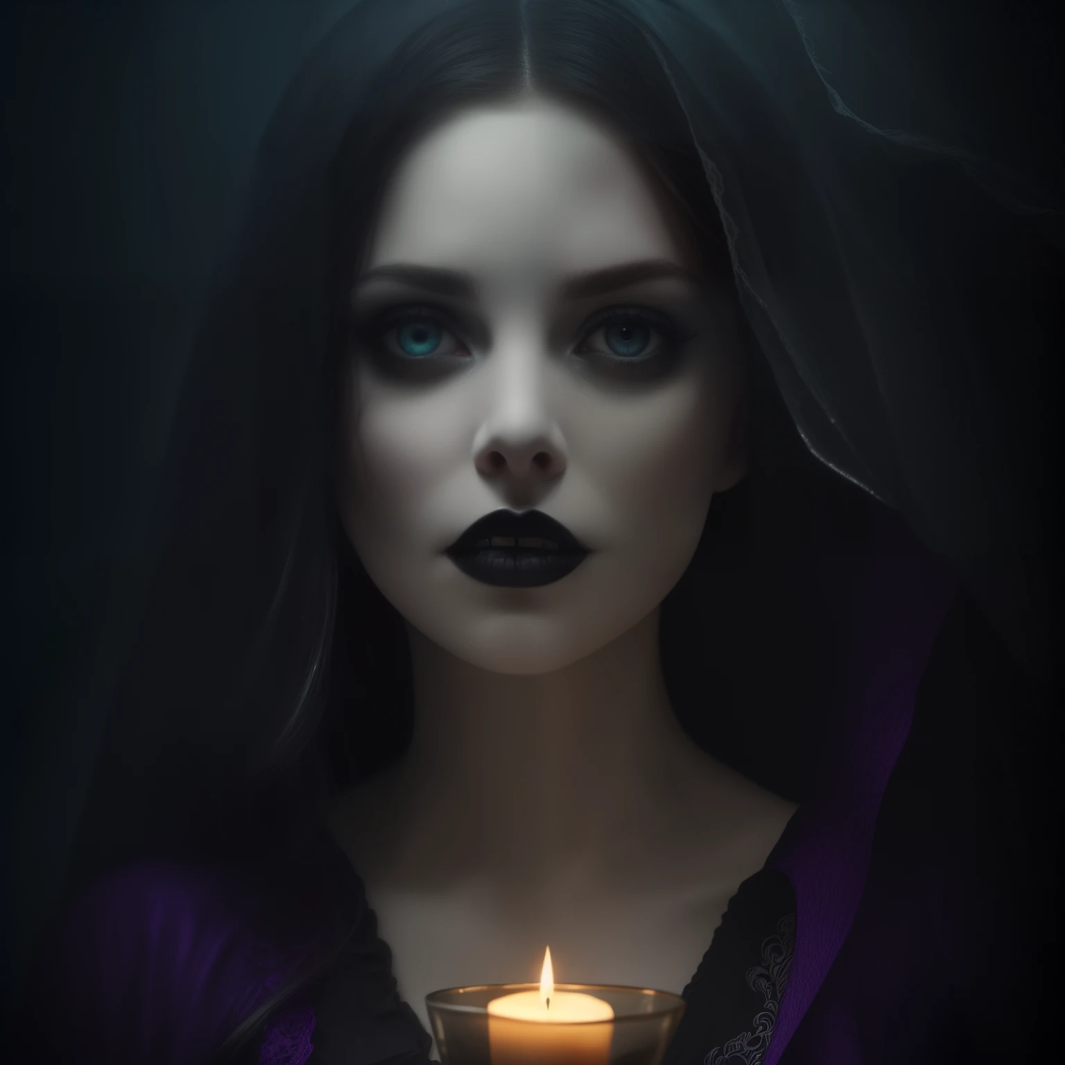 (gothic,pale,beautiful,serious)girl with (vibrant,purple), (piercing,deep)eyes filled with (dark,haunting)desire and (mysterious,unyielding)resolve. The (hauntingly,ethereal)atmosphere is (filled,tinged)with (subtle-melancholic-gothic)colors, as the (faint...