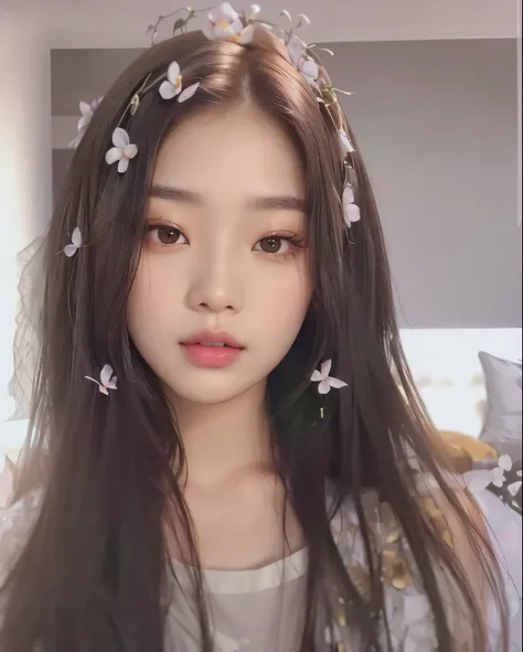 a close up of a woman with long hair wearing a flower crown, blackpink jennie, jaeyeon nam, beautiful south korean woman, young adorable korean face, gorgeous young korean woman, ulzzang, wan adorable korean face, aesthetic cute with flutter, beautiful you...