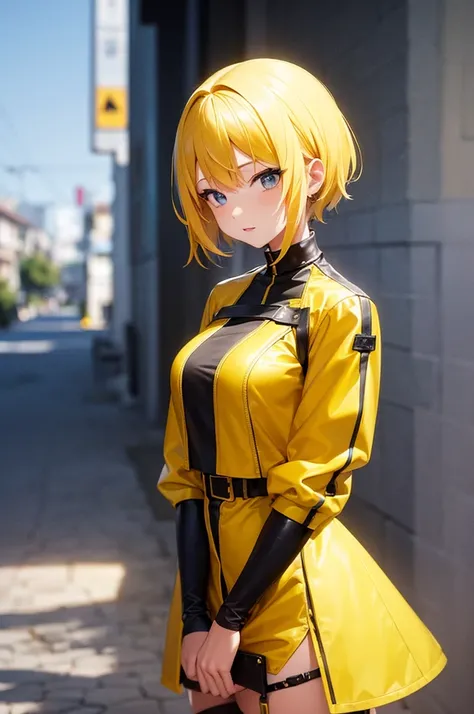 1 girl, striaght short yellow hair, mix skin, yellow stylish outfit, ultrasharp, 8k, masterpiece,