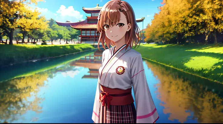 misaka mikoto, 1girl, teen girl, kawaii, solo, chestnut hair, hairpin,brown eyes, standing, looking at viewer,smile,kimono,prayi...