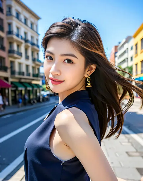 Woman posing on street corner, top-quality, hight resolution,  Sleeveless dress,a gorgeous, (brow, length hair:1.5), Beautiful detailed sky, earring beautiful,