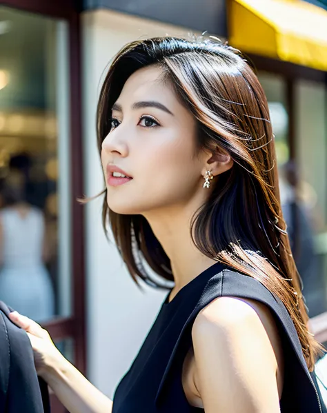 street corner、window-shopping、femele, top-quality, hight resolution,  Sleeveless dress,a gorgeous, (brow, length hair:1.5), Beautiful detailed sky, earring beautiful,