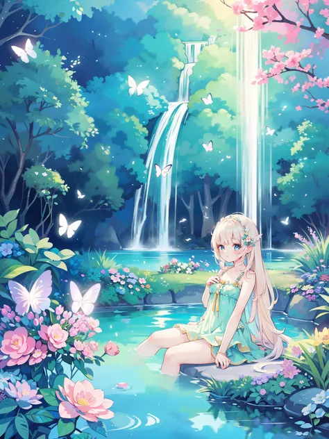 magical lagoon, beautiful girl sitting on a rock by a pool of water, magical, masterpiece, best quality, sharp focus, intricately detailed, 8k resolution, golden ratio, perfect, beautiful, layered fairy dress, beautiful girl, beautiful face