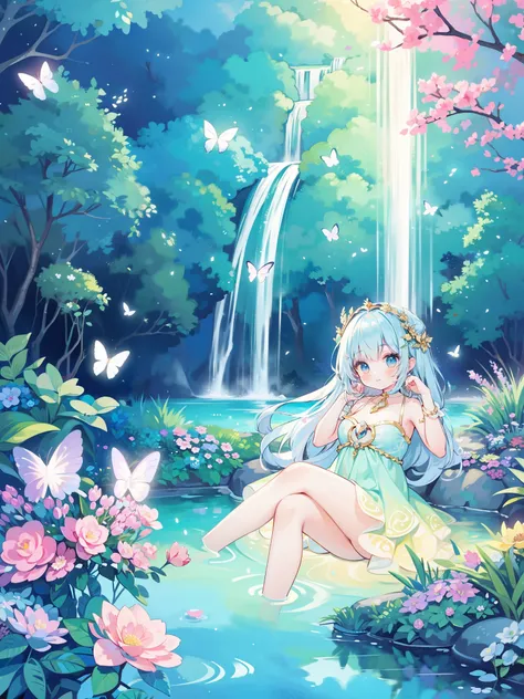 magical lagoon, beautiful girl sitting on a rock by a pool of water, magical, masterpiece, best quality, sharp focus, intricately detailed, 8k resolution, golden ratio, perfect, beautiful, layered fairy dress, beautiful girl, beautiful face