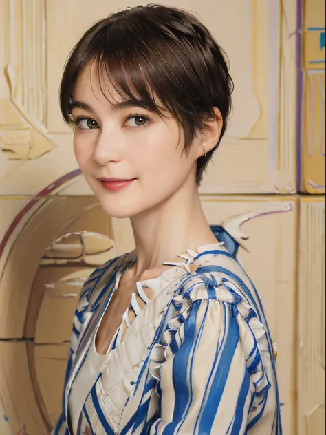 106
(a 20 yo woman,is standing), (A hyper-realistic), (high-level image quality), ((beautiful hairstyle 46)), ((short-hair)), (Gentle smile), (Keep your mouth shut), (painting is trompe l&#39;oeil), ((trickart:1.46)), (lipsticks), brest