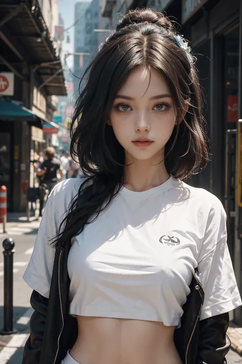 Beautiful photorealistic photograph of a beautiful girl in a tech jacket (white t-shirt) and a variety of cyberpunk clothing and paraphernalia, colourful cyberpunk hairstyle, dynamic pose, cyberpunk street background, perfect proportions, abstract beauty, ...