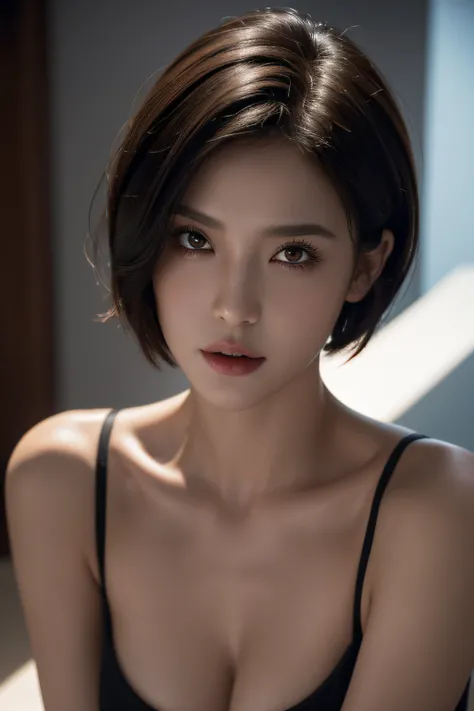 Short hair, Skin Tight Black Top:1.2, Looking at Viewer, Cinematic lighting, Perfect, softlight, High resolution skin:1.2, Realistic skin texture, Realistic face, off shoulders,Bust B Cup、 Exposed cleavage, Red Eyes, Short hair, dark brown  hair、fullnude