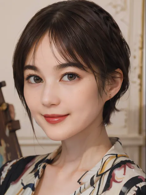 106
(a 20 yo woman,is standing), (A hyper-realistic), (high-level image quality), ((beautiful hairstyle 46)), ((short-hair)), (Gentle smile), (Keep your mouth shut), (painting is trompe l&#39;oeil), ((trickart:1.46)), (lipsticks), brest