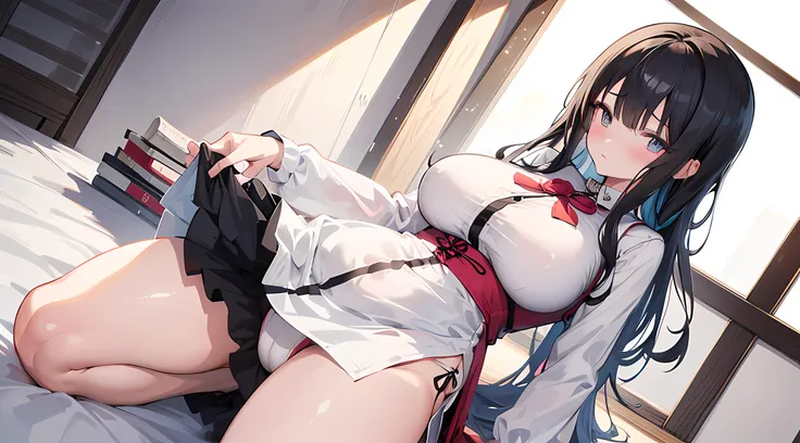 anime girl with big breast posing in a white shirt and stockings, an anime drawing by Shitao, pixiv, shin hanga, red blush on her face, embarrassed facial expression, (beautiful eyes finely detailed), seductive anime girl, smooth anime cg art, oppai, anime...