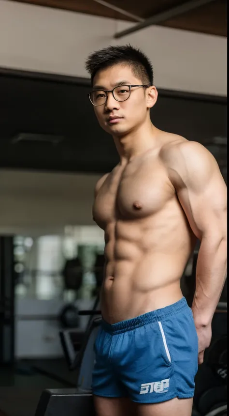 Andrew thomas huang, (hairy:0.2), oval face, eyeglasses, standing, neat muscle, shirtless, short shorts, gym