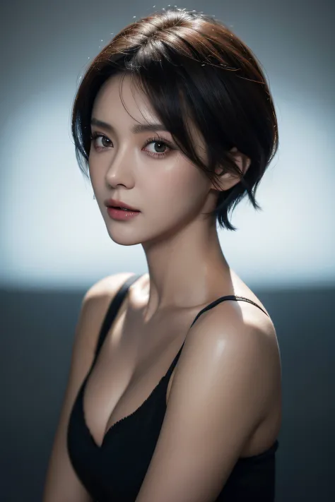 Short hair, Skin Tight Black Top:1.2, Looking at Viewer, Cinematic lighting, Perfect, softlight, High resolution skin:1.2, Realistic skin texture, Realistic face, off shoulders,Bust B Cup、 Exposed cleavage, Red Eyes, Short hair, dark brown  hair、30 years o...