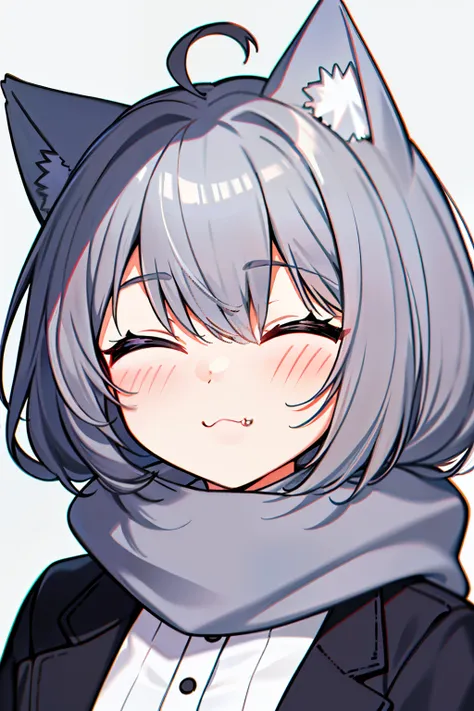 Masterpiece, Excellent, 1girl, gray hair, medium long hair, cat ears, closed eyes, looking at the audience, :3, cute, scarf, jacket, white background, fang, high quality, UHD