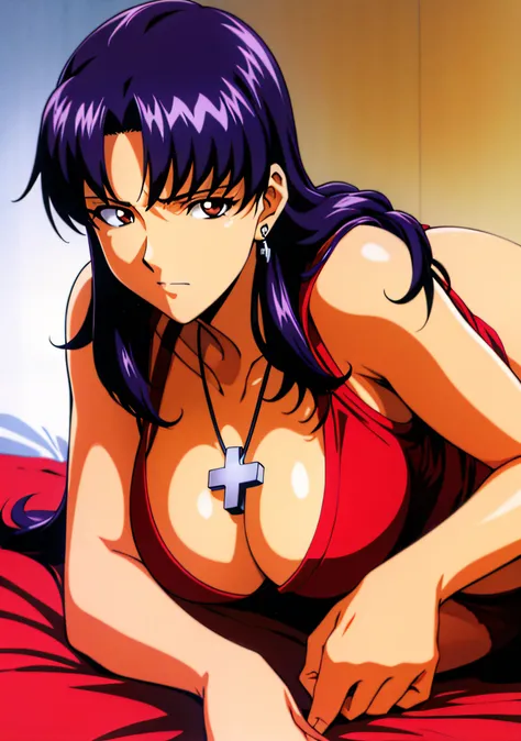 (masutepiece),(Best Quality), Katsuragi Misato,  Brown eyes, Cross Necklace,  Colossal tits、Lingerie with a small area、Persistent stare, Sharp eyes、Lying in bed、Seductive